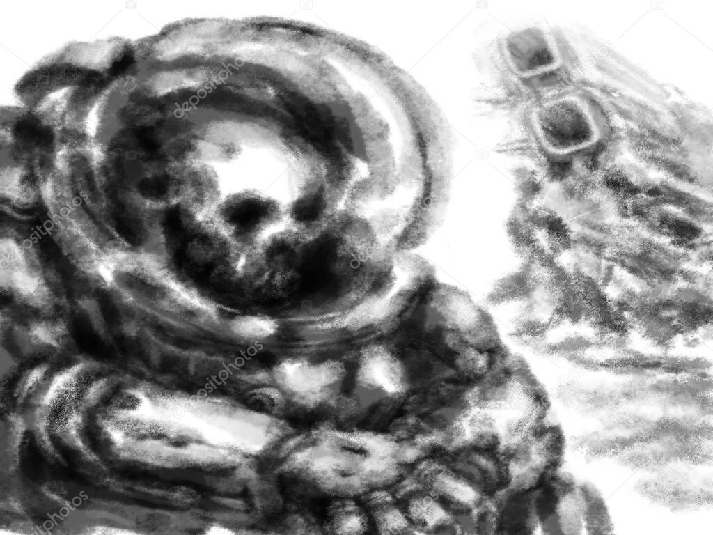 Dead astronaut in a broken spacesuit sits clasped hands. Black and white illustration in horror and fiction genre with coal and noise effect.