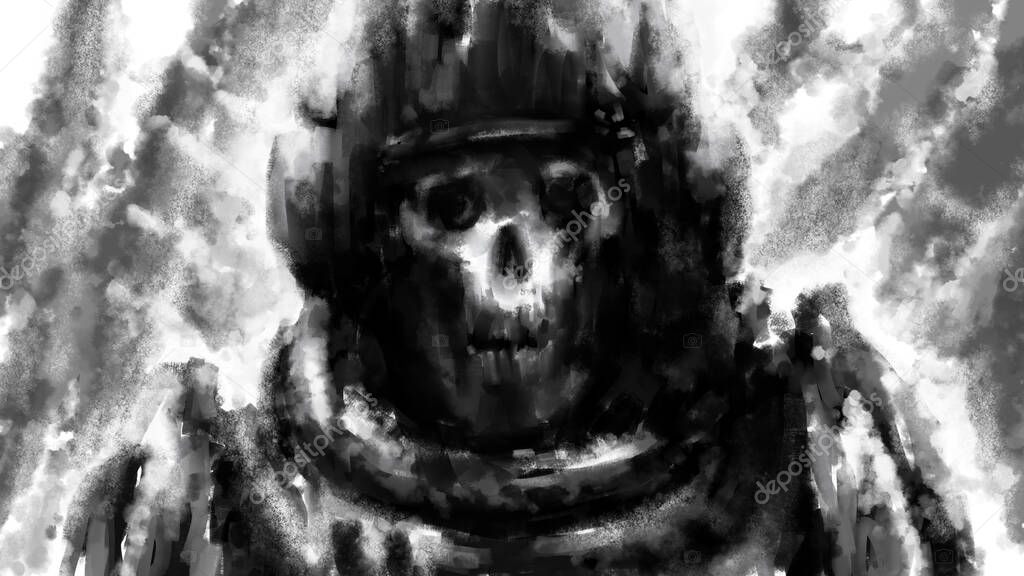 The remains of a cosmonaut in broken spacesuit after disaster. Black and white illustration in horror and fiction genre with coal and noise effect.