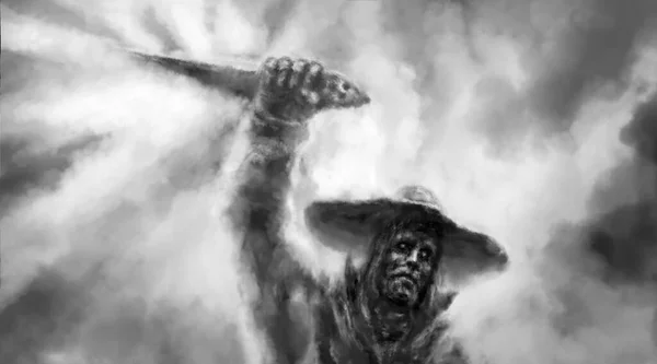 帽子を被った魔術師は頭の上に儀式の短剣を持っている 暗い雲の上の光線 悪夢のための不気味な芸術 グランジ 騒音効果 グローミーなキャラクターコンセプトアート 怖い地獄の人 — ストック写真
