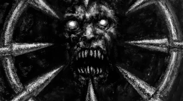 恐ろしい鬼の顔のイラストスパイク付きの恐ろしい悪魔のマスク ホラーファンタジーデジタルアート 不気味な2D画像 グローミーなキャラクターコンセプトアート 文化と宗教 グランジ 騒音効果 ストックフォト