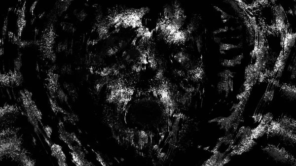 Dark skull of corpse the screaming. Black and white illustration in horror fantasy genre. Scary background of remains. Burnt bones in ash and dirt. Gloomy character concept art. Coal and noise effect.