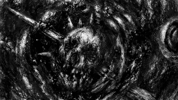 悲鳴の死体の暗い頭蓋骨 ホラーファンタジージャンルの黒と白のイラスト 遺体の背景が怖い 灰と汚れで骨を焼きます グローミーなキャラクターコンセプトアート 石炭及び騒音効果 — ストック写真