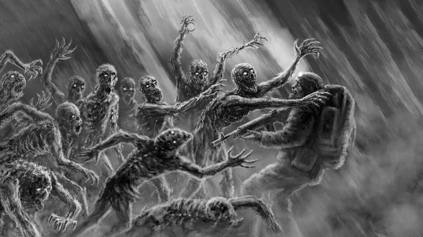 Натовп Страшних Зомбі Атакує Озброєного Солдата Всередині Покинутого Бункера Ілюстрація — стокове фото