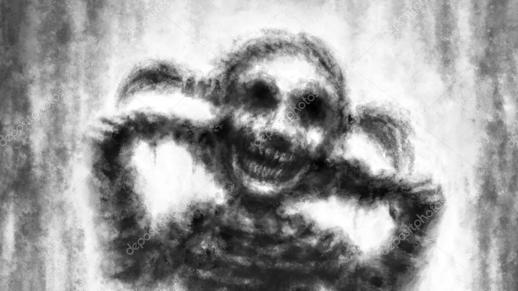 Scary demon girl laughs. Angry undead screams. Spooky illustration in horror fantasy genre. Creepy zombie apocalypse. Gloomy character concept art. Apocalyptic doomsday theme. Coal and noise effect.