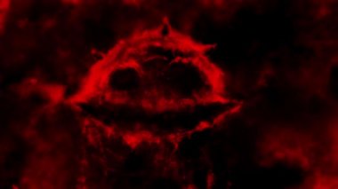 Ürkütücü bir gülümsemesi olan korkunç bir kafatası. Korku fantezi türünde Dark 2D animasyon. Ağzı açık ölü bir iblis yüzü. Ürkütücü kötü karakter video klibi. Kırmızı arkaplan rengi. Animasyon arkaplan filmi.