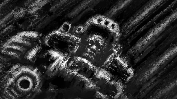 壊れた宇宙服の怒っている装甲兵士が見下ろしています 白黒のイラスト Sfホラージャンル 素晴らしい絵のテーマ 未来の戦士 グローミーなキャラクターコンセプトアート 石炭騒音効果 — ストック写真