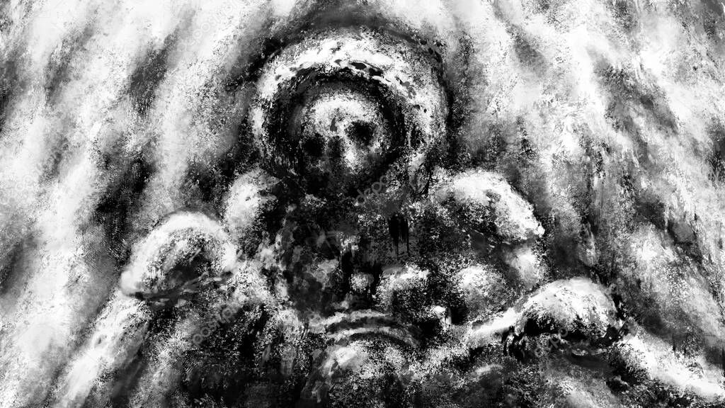 Dead astronaut in broken spacesuit sits. Lost man in dark space. Creepy illustration in horror and fiction genre with coal and noise effect. Black and white cover art. Apocalyptic doomsday theme.