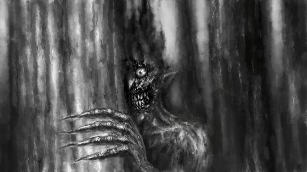 Assustador Halloween Olha Por Trás Árvore Floresta Escura Demónio Maligno Imagem De Stock
