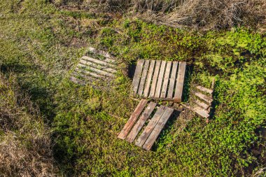 Kırsalda bir bataklığa atılmış paletler.