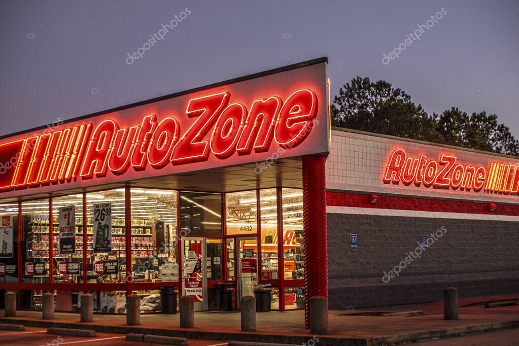 Columbia County, Ga USA - 12 22 20: Autozone auto parts store at night corner view
