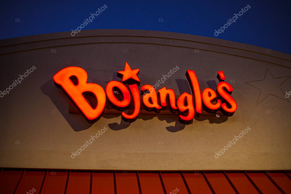 Columbia County, Ga USA - 12 22 20: Bojangles fast food restaurant at night orange building sign