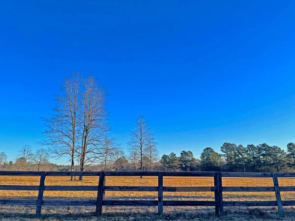 Una Cerca Madera Marrón Campo Una Granja Con Cielo Azul — Foto de Stock