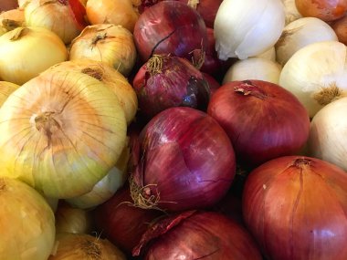 Tatlı Vidalia soğanları, kırmızı soğanlar ve beyaz soğanlar ön tarafta kapanıyor.