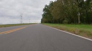 POV FPV zemin görüntüsü ülke elektrik direklerinden geçiyor ve yeşil tarlalar tarlaları çiziyor