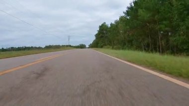 POV FPV yeryüzü manzarası Gürcistan 'da tarım arazisi karayolu lekeleri ve elektrik direklerinden geçiyor