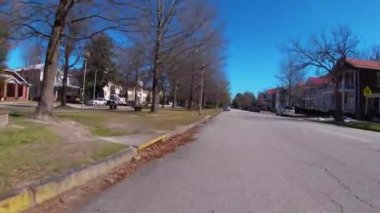 Augusta, Ga USA - 02 21 21: Welcome to OldeTown sign POV FPV driving downtown Augusta Georgia modern and old buildings - Green street