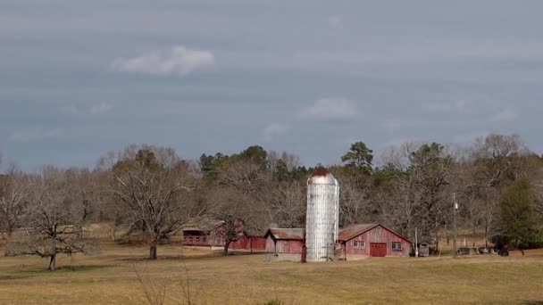 ガイン州バーク郡 ジョージア州の秋に農場の建物や塔がある美しい農地を拡大する なぜ1 — ストック動画