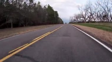 Burke County, Ga USA - 01 25: POV FPV tarım arazisi ceviz ağaçları ve trafik ile uzun bir köy yolunda sürüyor