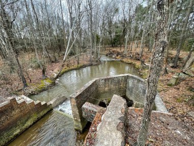 Gürcistan 'ın kırsal kesimindeki bir ormanda Brick harabeleri ve sonbahar yapraklarıyla dolu bir nehir. Güzel arka plan dokuları.