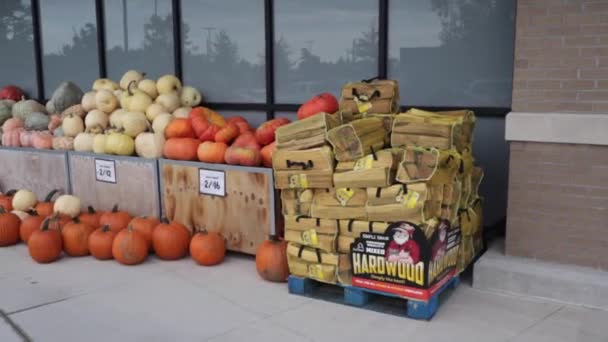 Augusta Usa Sprossen Einzelhandel Gehobenen Lebensmittelgeschäfts Außen Pfanne Herbst Display — Stockvideo