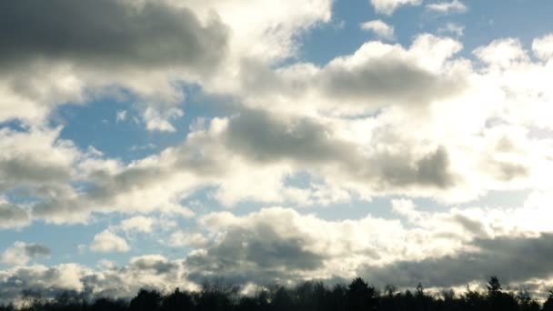 HD. Быстро бегущие большие белые облака на фоне голубого неба летом — стоковое видео