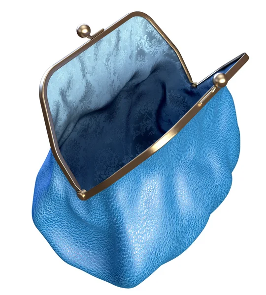 Para çantası. Mavi deri ve ipek. Boş ve açılmış. Beyaz izole