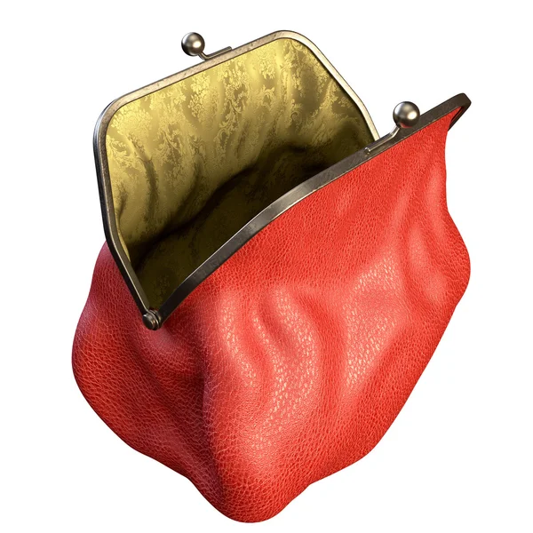 Para çantası. Kırmızı deri ve ipek. Boş ve açılmış. Beyaz izole