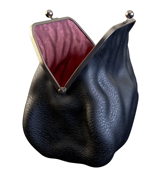 Para çantası. Siyah deri ve ipek. Boş ve açılmış. Beyaz izole