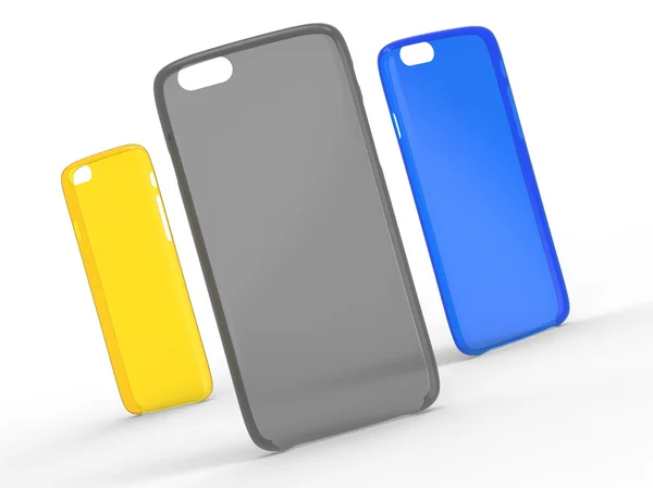 Custodie per cellulare in superficie. Plastica trasparente. Colori giallo, grigio e blu — Foto Stock