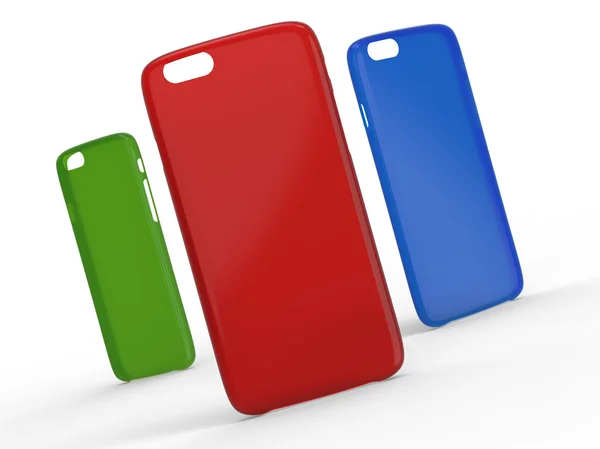 Étuis pour téléphone portable à la surface. Plastique transparent. Couleurs vert, rouge et bleu — Photo