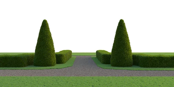 Bahçevan kompozisyon. Simetrik şekiller çalılar ve ağaçlar.