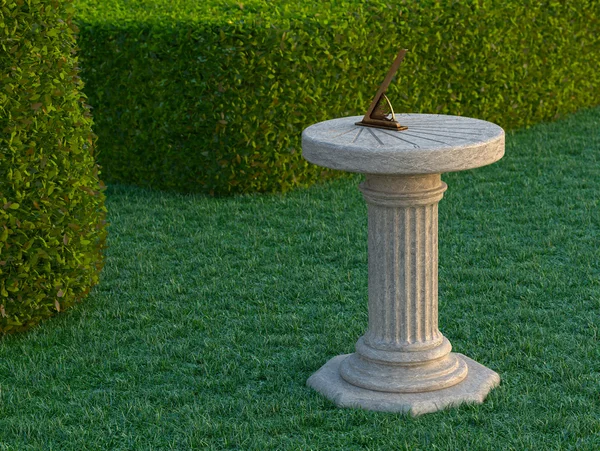 Orologio solare meridiana con Gnomone su erba trama. Stile antico. Marmo e bronzo. Immagine CG — Foto Stock