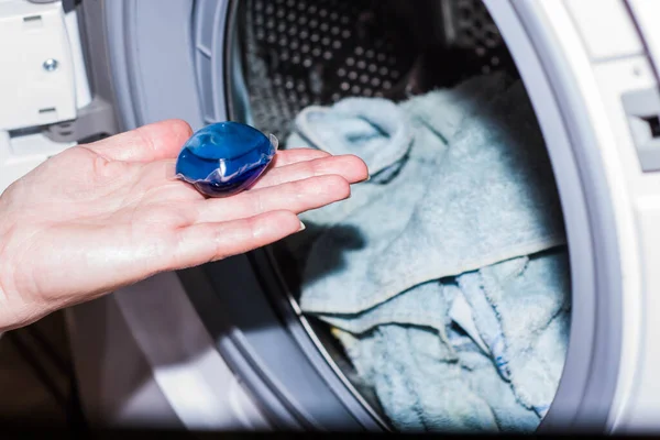 Liquid Washing Powder Blue Color Poured Washing Machine — Stock Photo, Image