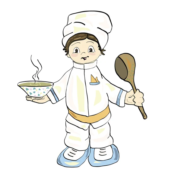 Bir tabak ve kepçe ile küçük şef.