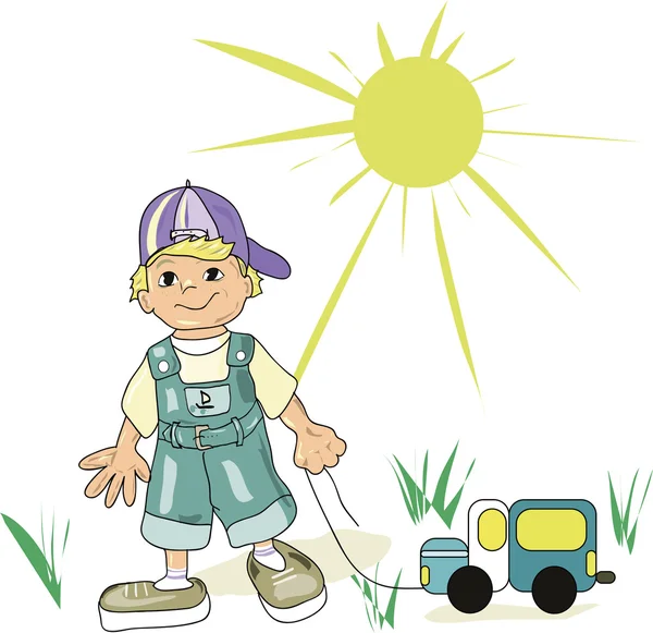 Oyuncak arabalı küçük çocuk.