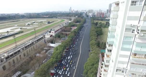 Luchtfoto, panoramisch uitzicht op grote laan met verkeer. In de achtergrond landschap van de stad, torens, groene ruimte, park. — Stockvideo