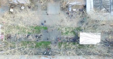 Hava, üst, ağaç tepelerinin üzerine kamu parki drone ile sahne. Kamera park ağaçların arasından yaya yürüyüş Filmler.