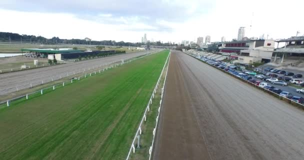 Aerial drone scene of horse racetrack, hippodrome. Empty of competitors. — Stock Video