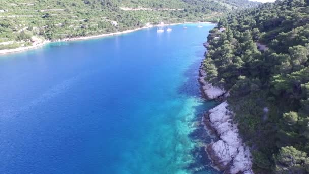 Luchtfoto drone scène van turkoois baai met verankerde zeilboten eind. — Stockvideo