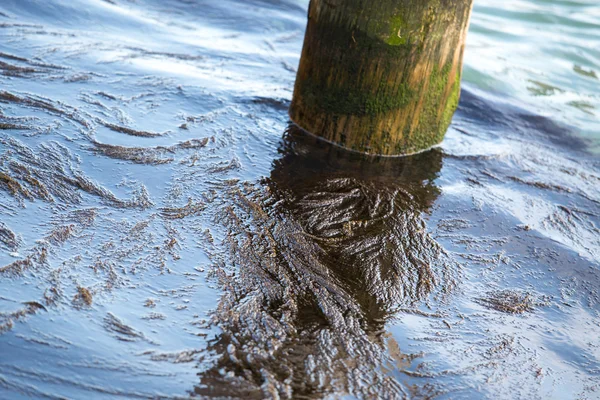 Detail van houten post en water beweging. — Stockfoto