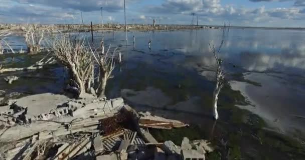 Aerial drone scene of flooded destroyed city. Epecuen. Natural disaster. — Stock Video