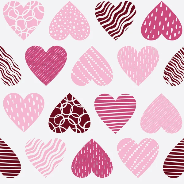 Vector repeat pattern with horizontally aligned textured hearts in various shades of pink. — Stock Vector