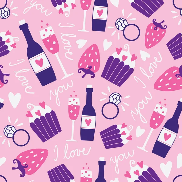 Patrón de repetición vectorial con botellas de vino, cupcakes y anillos de boda en tonos de rosa y púrpura. — Vector de stock
