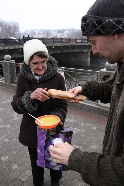 Kharkiv, Ukraine - March 13, 2016: "Food No Bombs" Campaign feeding the homeless in Kharkiv.