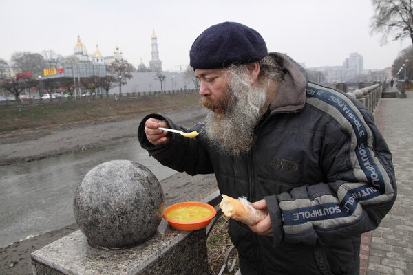 "Food No Bombs" Campaign feeding the homeless in Kharkiv, Ukraine. March 13, 2016.