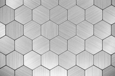 Paslanmaz çelik dokusu. Metal zemin. Altıgen çelik kiremit dokusu. Geleceği kaplayan alüminyum arkaplan.