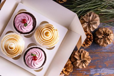 Noel ve yeni yıl tatili için kutuda tatlı kekler. Çam kozalakları ve çam ağacı. 