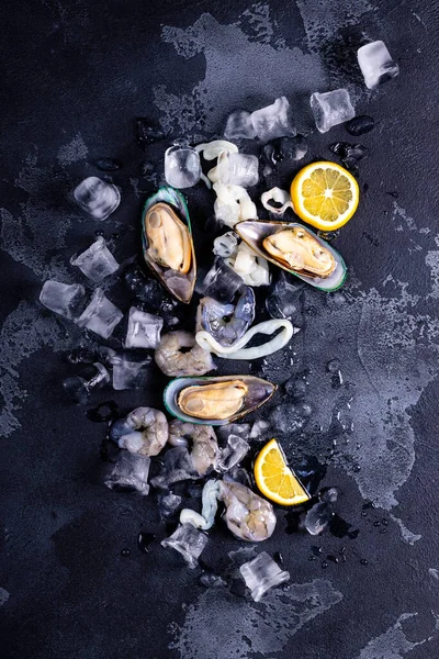 将虾类 贻贝和乌贼等海产食物混合在一起 各种生鲜海鲜的顶级分类 — 图库照片