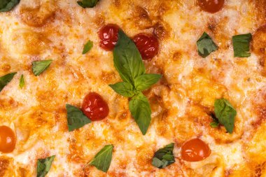 Lezzetli ve çıtır piza manzarası. Amerikan ya da İtalyan pizzası. Aşçılık arka plan kavramı.