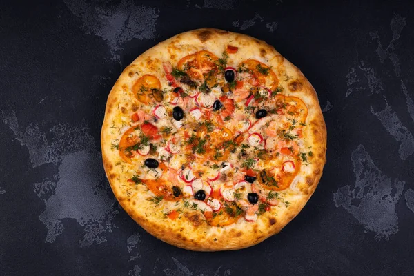 Ovanifrån Läcker Och Krispig Pizza Amerikansk Eller Italiensk Pizza Matlagning — Stockfoto